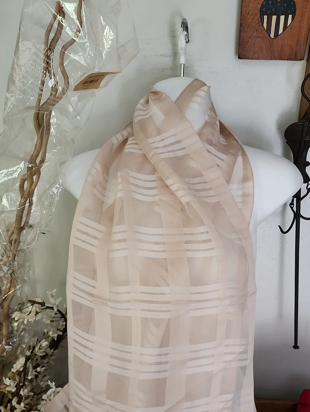 Silk Sheer Beige Plaid Scarf 15x60 Inches